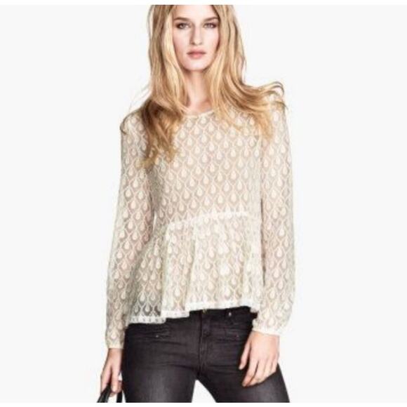 H&M Long Sleeve Sheer Lace Cream Ivory Blouse Size M Medium - Picture 1 of 4
